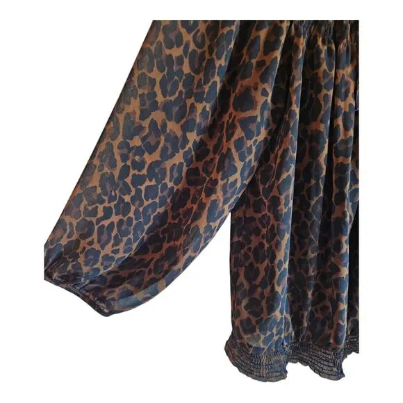 ZARA Women S Blouse Top Leopard Print Brown Black Smocked Elastic 3/4 Sleeve 38" - Picture 4 of 6